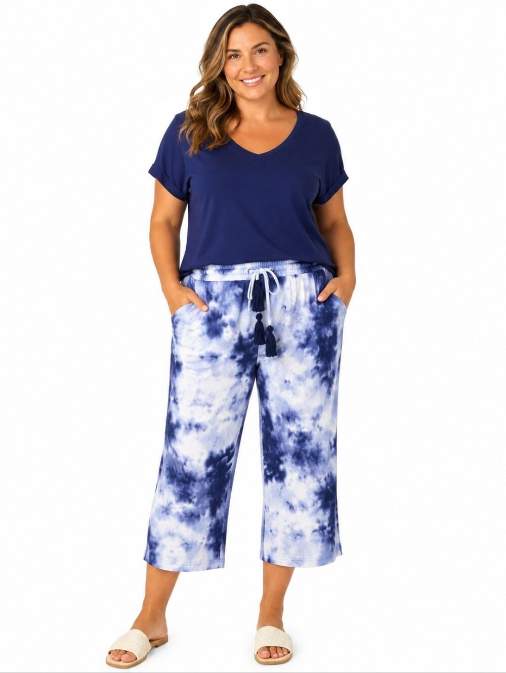 Belle Beach Kim Gravel XLP Tie Dye Capri Pants Blue Pull On Drawstring XL Petite